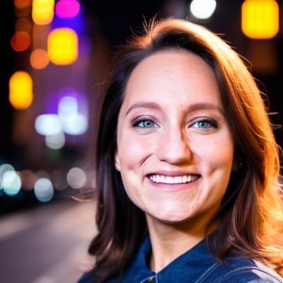 Portrait of Heidi Briones smiling, city lights behind her